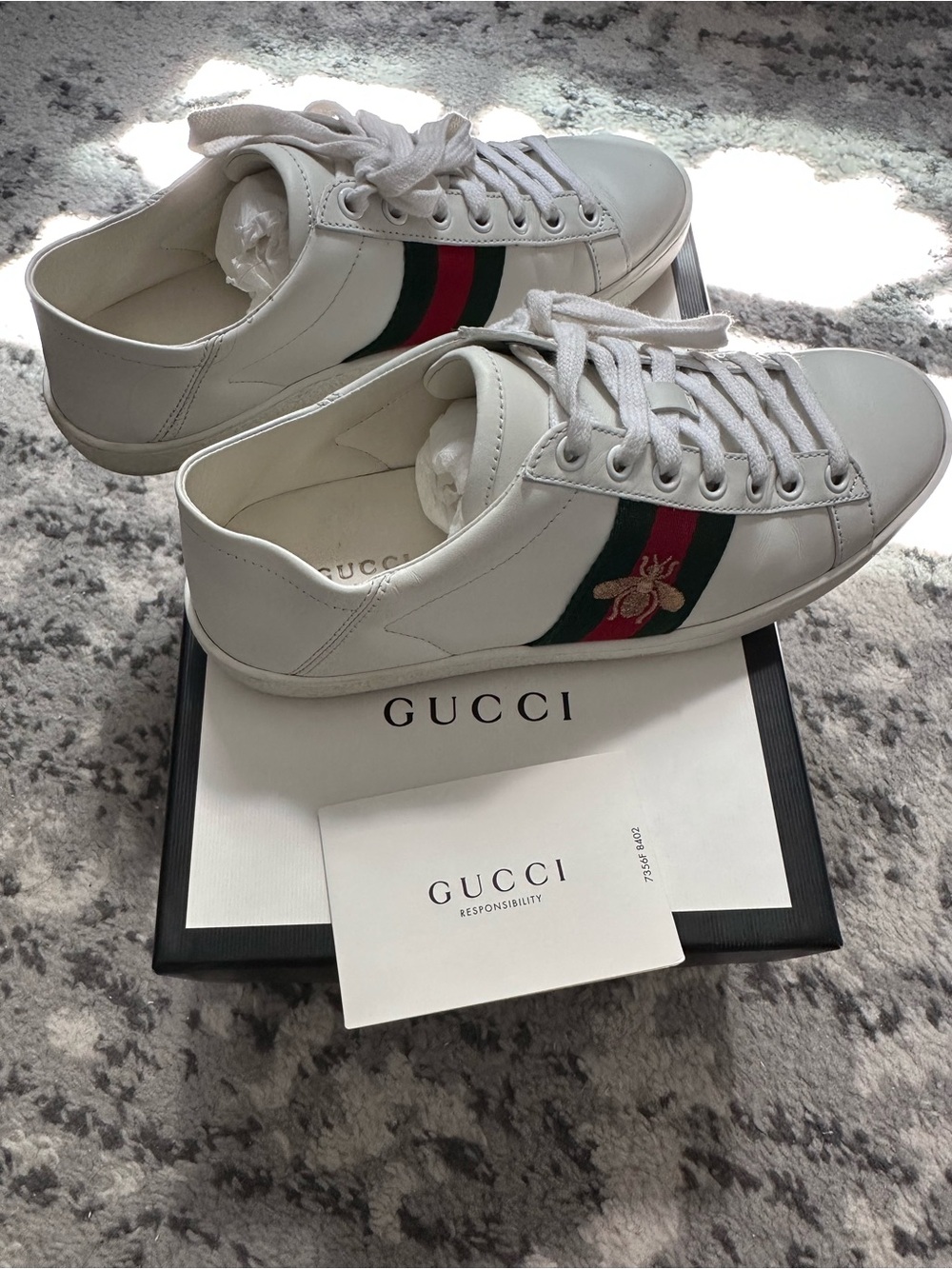 Gucci White Leather Sneakers with Green & Red Web and Gold Bee - Picture 3 of 7